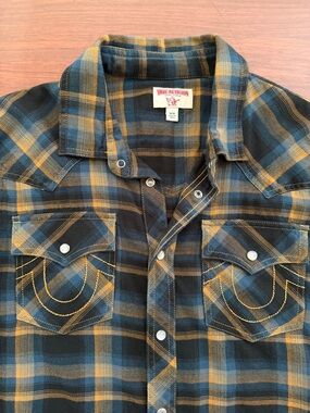 True Religion men’s Blue & Mustard Plaid Snap-Front Shirt